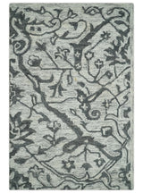 Floral Ivory and Charcoal Wool Hand Woven Layering Multi Size Area Rug