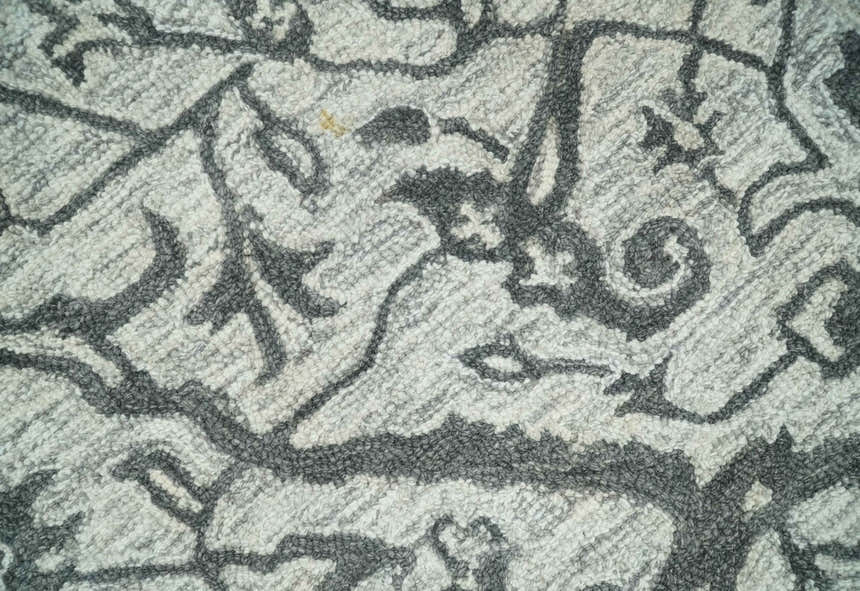 Floral Ivory and Charcoal Wool Hand Woven Layering Multi Size Area Rug