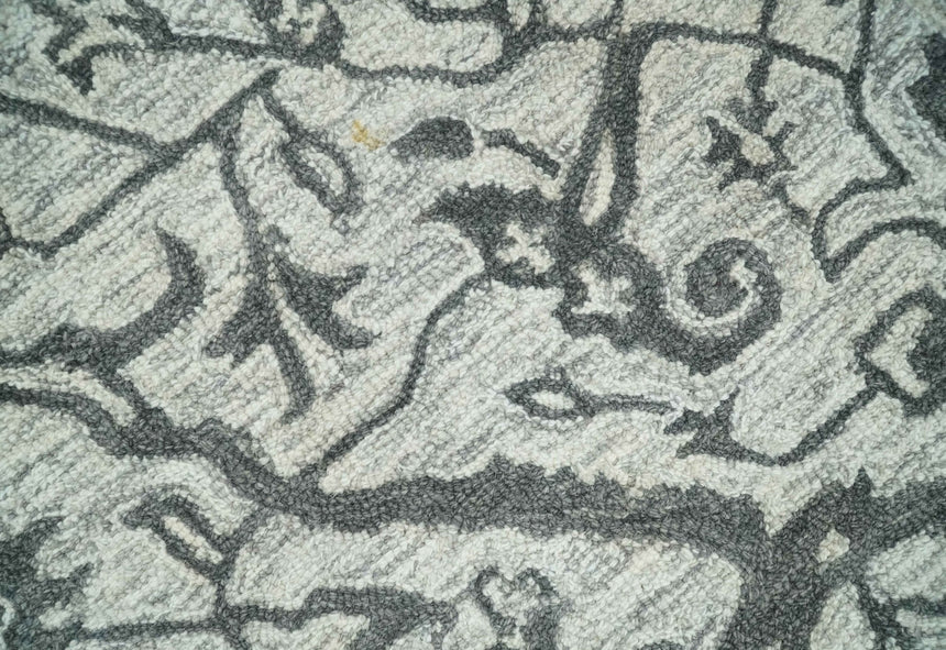 Floral Ivory and Charcoal Wool Hand Woven Layering Multi Size Area Rug