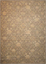 Close-up of Nourison Silken Allure Moss rug. Olive green with vintage floral pattern. Handmade New Zealand wool texture.
