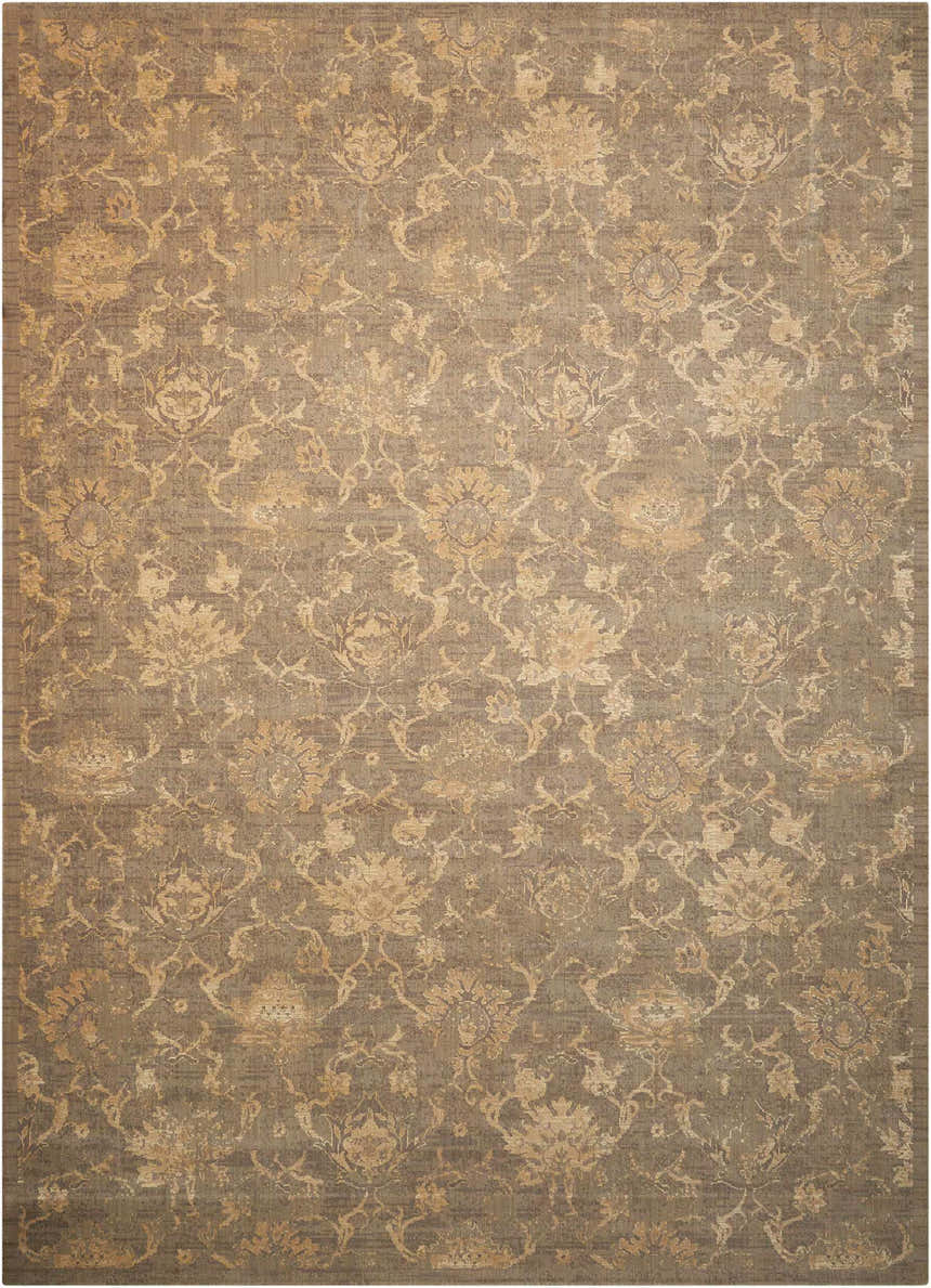 Close-up of Nourison Silken Allure Moss rug. Olive green with vintage floral pattern. Handmade New Zealand wool texture.