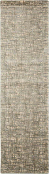 Close-up of Nourison Starlight Sea Mist rug. Modern, machine-made design with a subtle grid pattern in soft sea mist hues.