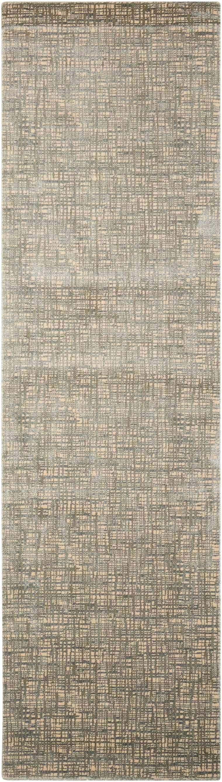 Close-up of Nourison Starlight Sea Mist rug. Modern, machine-made design with a subtle grid pattern in soft sea mist hues.