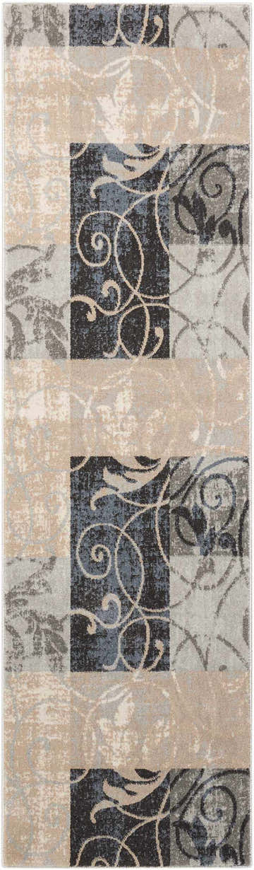 Close-up of the Nourison Maxell Multicolor rug. Features blocks of beige, gray, and black with swirling patterns. Contemporary style.