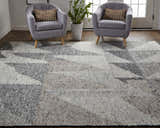 Living room scene with gray chairs and Feizy Alford ivory, gray, and taupe geometric area rug. Roomscene-Rectangle