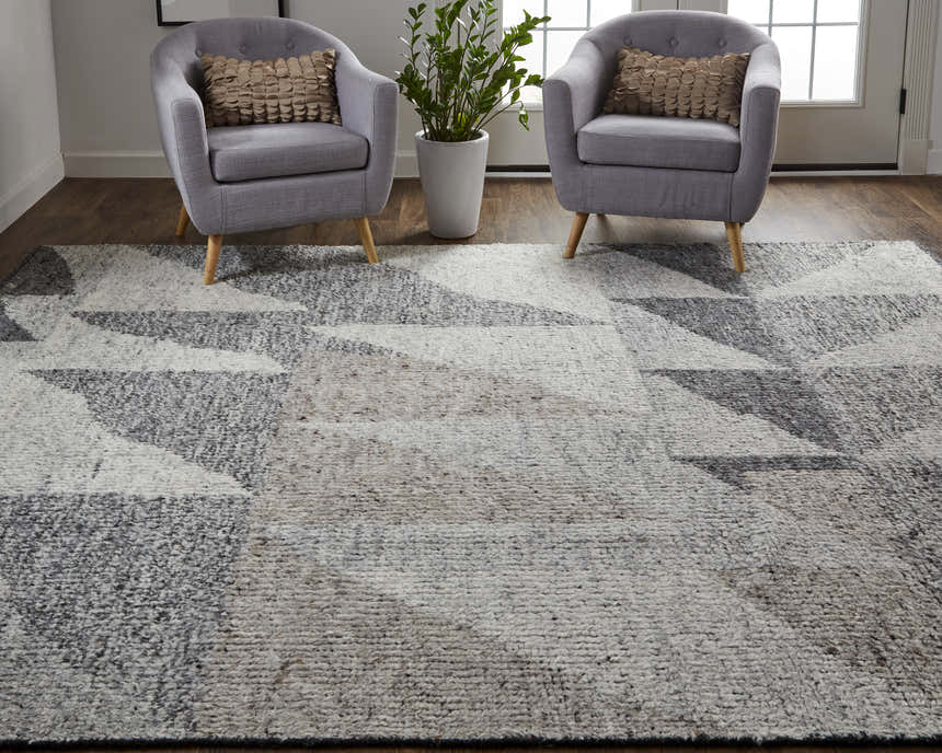 Living room scene with gray chairs and Feizy Alford ivory, gray, and taupe geometric area rug. Roomscene-Rectangle