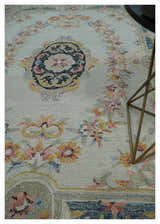 French Design Aubusson Custom Made Ivory, Light Green and Charcoal Hand Tufted wool Area Rug