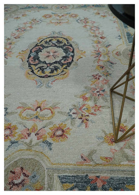 French Design Aubusson Custom Made Ivory, Light Green and Charcoal Hand Tufted wool Area Rug
