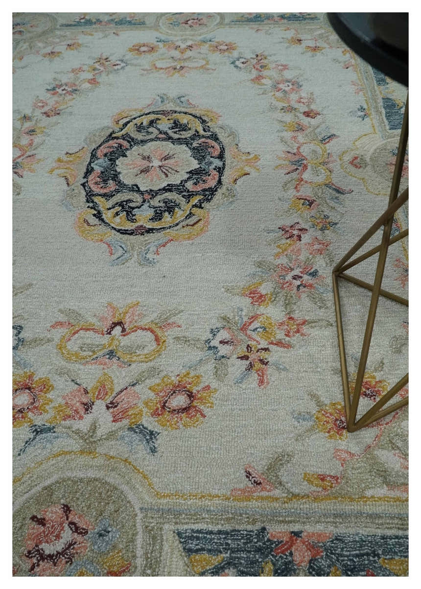 French Design Aubusson Custom Made Ivory, Light Green and Charcoal Hand Tufted wool Area Rug