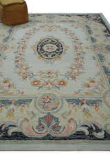 French Design Aubusson Custom Made Ivory, Light Green and Charcoal Hand Tufted wool Area Rug