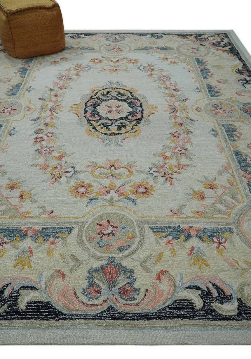 French Design Aubusson Custom Made Ivory, Light Green and Charcoal Hand Tufted wool Area Rug