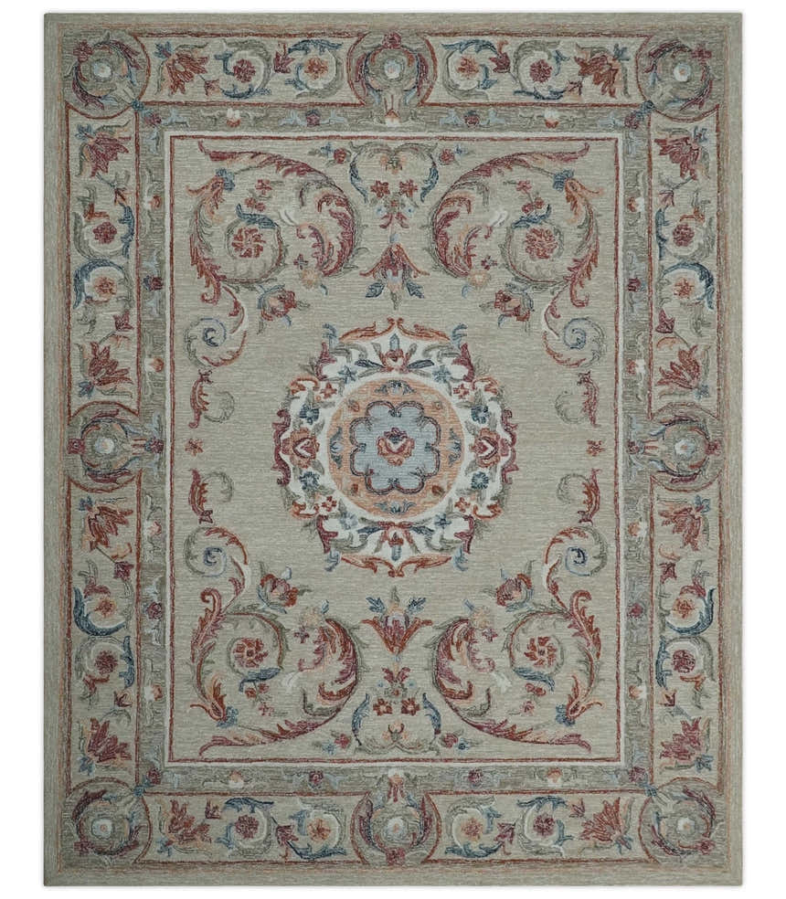 French Inspired Aubusson design Custom Made Beige, Brown and Blue Hand Tufted wool Area Rug