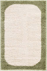 Close-up of the Fergus Washable Area Rug, cream center with an olive green border, showing the rug's texture. Design-Rectangle-2211