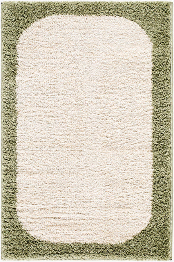 Close-up of the Fergus Washable Area Rug, cream center with an olive green border, showing the rug's texture. Design-Rectangle-2211