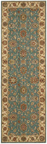 Close-up of Nourison Living Treasures Aqua rug. Traditional floral pattern in aqua, brown, and beige. New Zealand wool texture.