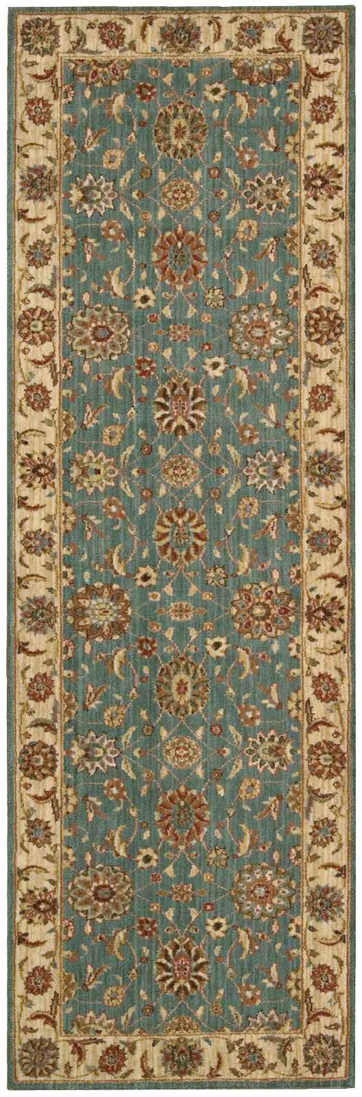 Close-up of Nourison Living Treasures Aqua rug. Traditional floral pattern in aqua, brown, and beige. New Zealand wool texture.