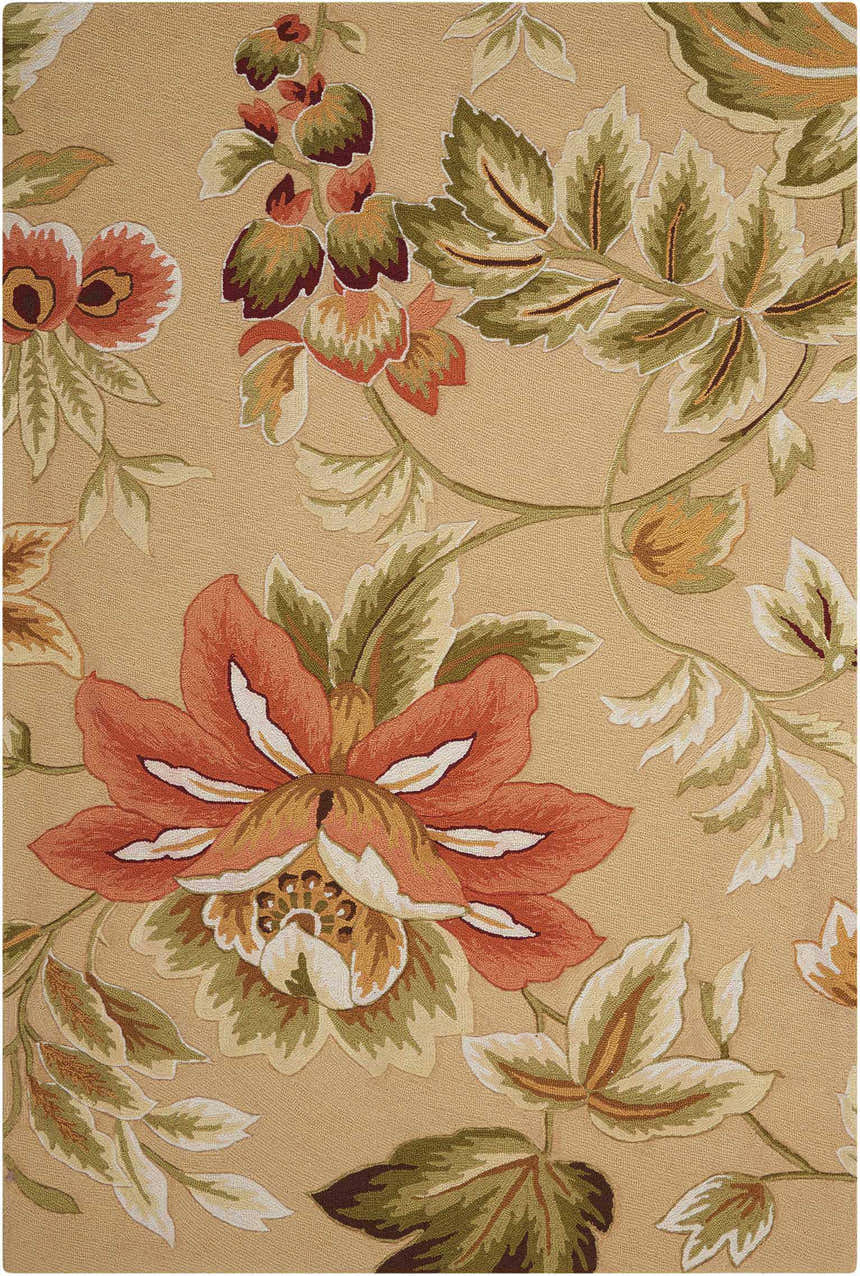 Close-up of the Nourison Fantasy Beige rug, showcasing its floral pattern with orange, green, and cream hues.