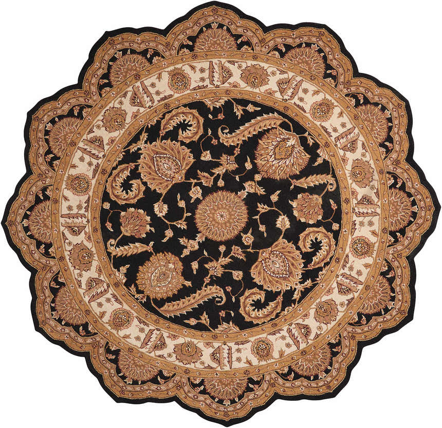 Detailed Nourison Heritage Hall Black Persian rug with round, floral, and paisley design.
