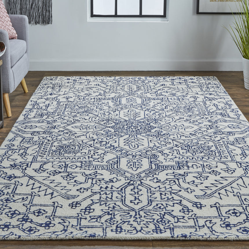 Feizy Belfort Transitional Medallion - Ivory/Blue Area Rug - Clearance