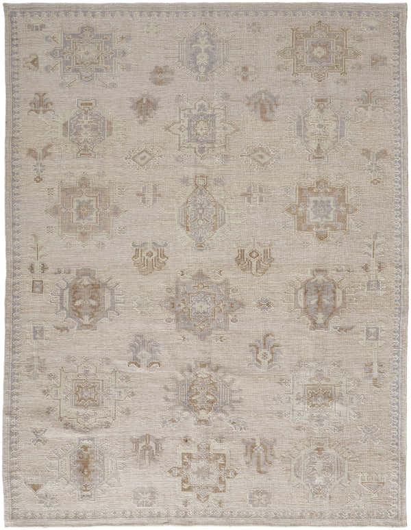Close-up of the Feizy Wendover Tan/Brown Area Rug. Hand-knotted rug with a transitional oriental pattern. Neutral tones. Design-Rectangle