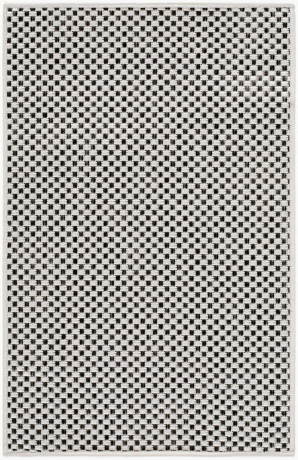 Close-up of the Barberry Outdoor Machine Woven Galey Alix x LIVABLISS GABA-2300 Area Rug. Black and off-white woven pattern. Design-Rectangle-221