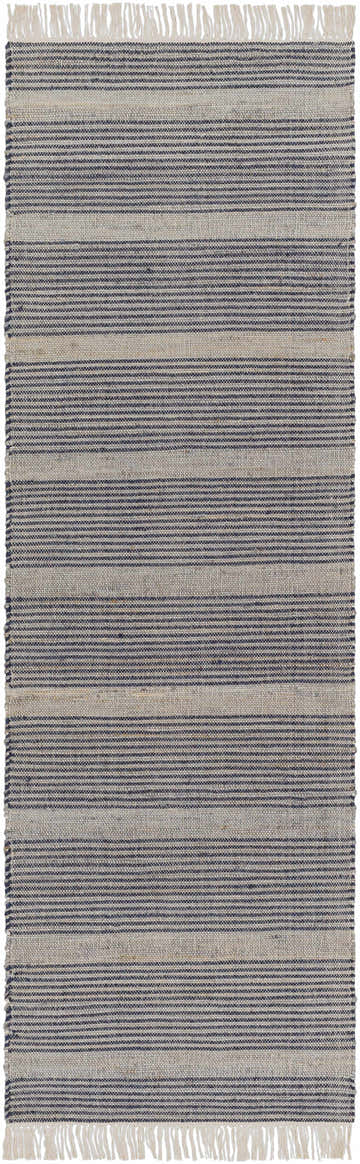 Close-up of the hand-woven Gambalidio Area Rug. Navy and off-white horizontal stripes with jute texture and fringed edges. Design-Runner-268