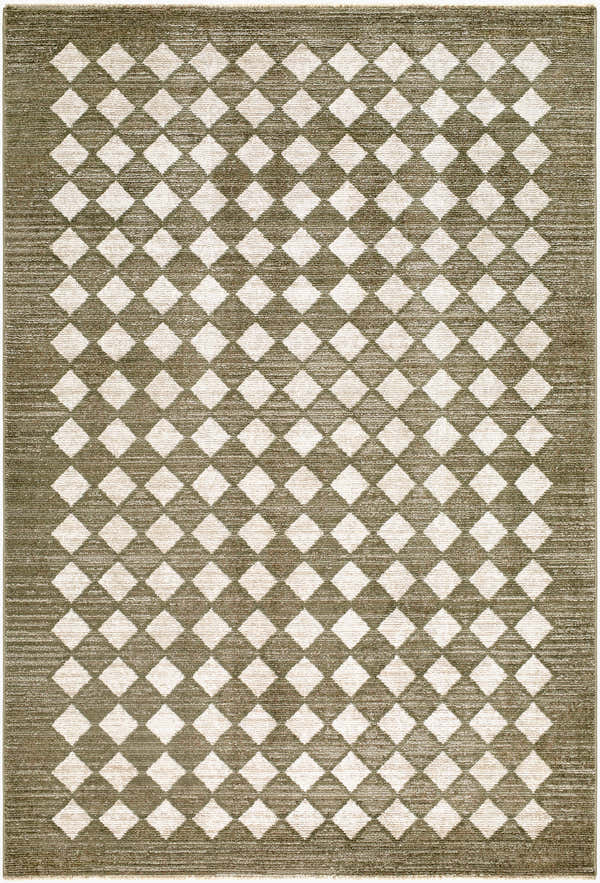 Close-up of the Arleta Area Rug, showcasing its diamond pattern in dark brown and ivory hues. Farmhouse style. Design-Rectangle-537