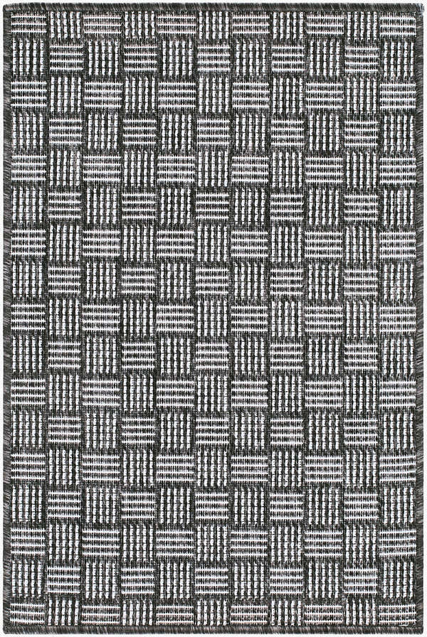 Close-up of Westport Outdoor Galey Alix x LIVABLISS GAWE-2300 Area Rug. Black, gray, and off-white woven pattern. Design-Rectangle-221