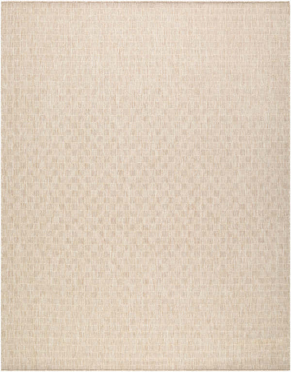 Close-up of the Galey Alix x LIVABLISS GAWE-2302 Westport Outdoor Rug, featuring a woven texture in off-white and tan. Design-Rectangle-71010