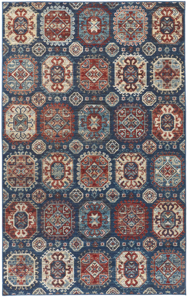 Detailed patchwork design of the Feizy Nolan rug. Blue, red, and tan geometric patterns create a transitional style. Design-Rectangle