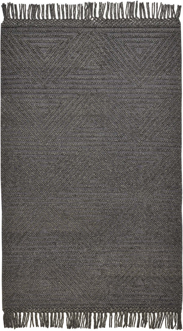 Close-up of the Feizy Phoenix Gray Area Rug. Hand-woven wool rug with a geometric pattern and fringed edges. Design-Rectangle