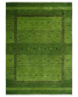 Geometrical Stripes Design Green Hand loom Multi Size wool Area Rug