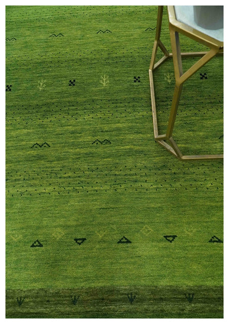 Geometrical Stripes Design Green Hand loom Multi Size wool Area Rug