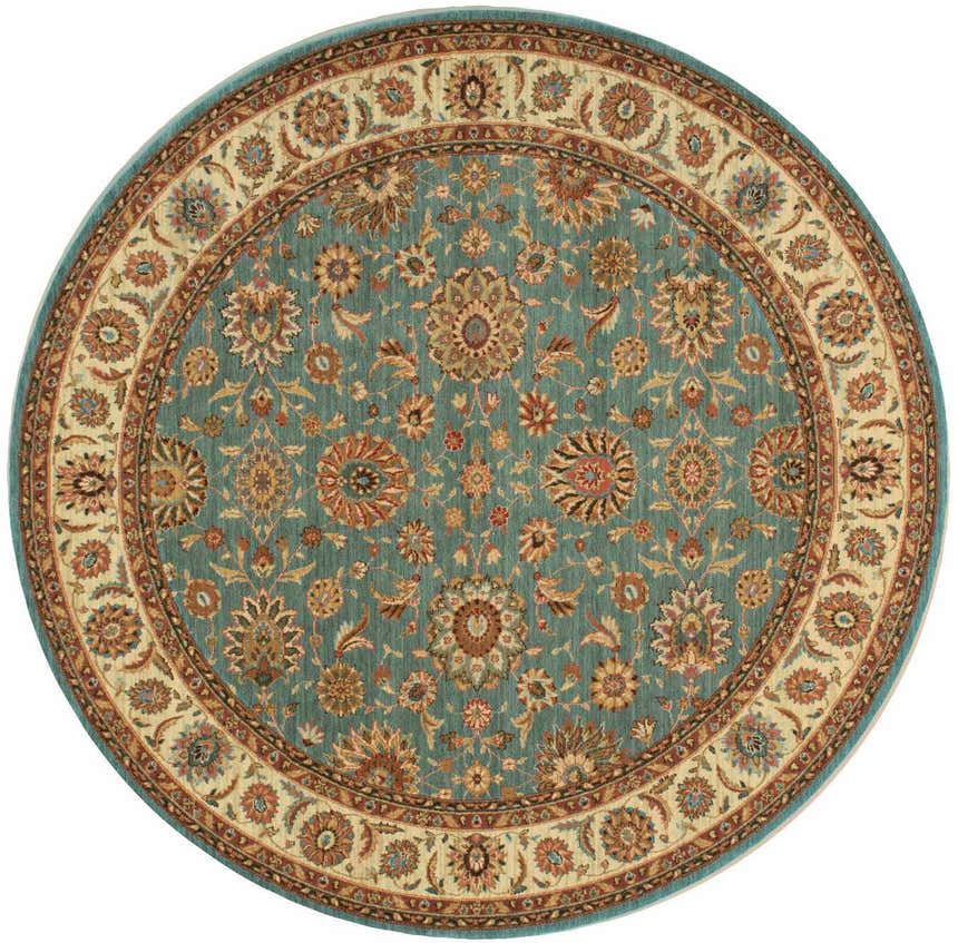 Close-up of a round Nourison Living Treasures Aqua rug. Traditional floral pattern in aqua, tan, and brown.