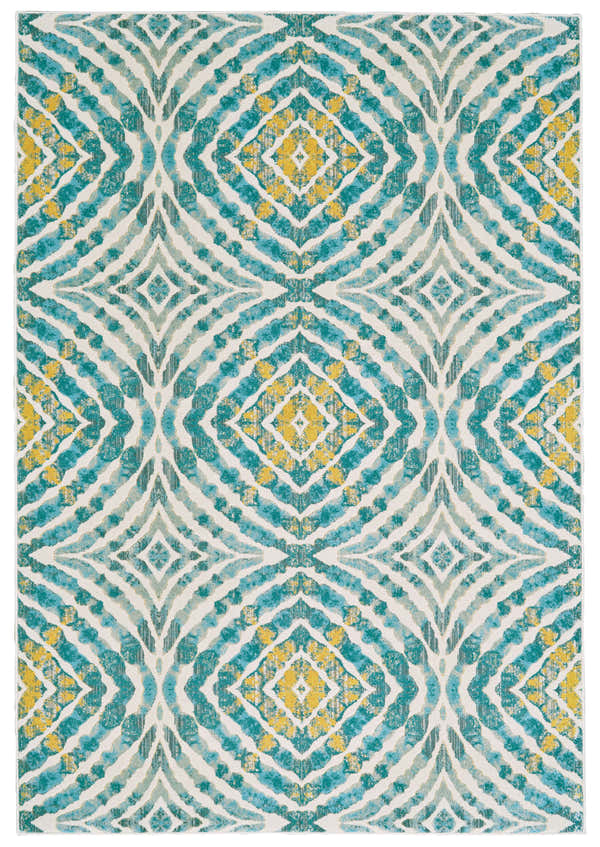 Feizy Keats rug with a transitional abstract design in blue, ivory, and yellow. Diamond pattern. Design-Rectangle