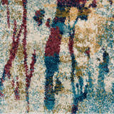 Close-up of Nourison Fusion Cream Multicolor rug. Abstract design with cream, teal, gold, and burgundy hues. Soft texture.