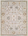 Close-up of the Jeneva Area Rug, a machine-woven rug with a traditional pattern in charcoal, ivory, sage, and sandstone. Design-Rectangle-537