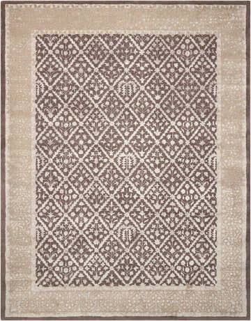 Close-up of Nourison Symphony Charcoal rug, featuring a taupe floral trellis pattern and handmade construction.