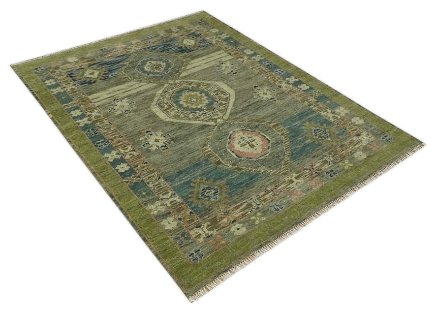 Green and Teal Traditional Hand Knotted Multi Size wool area rug