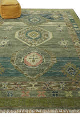 Green and Teal Traditional Hand Knotted Multi Size wool area rug