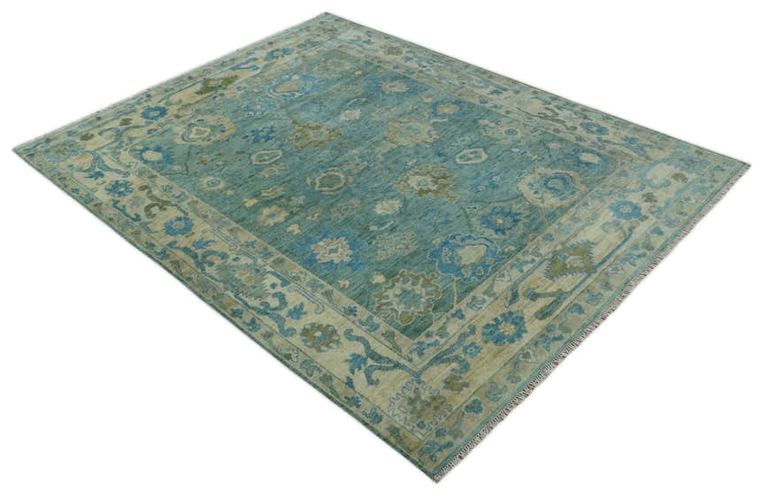 Green, Beige and Blue Hand knotted Traditional Oushak Multi Size Wool Area Rug