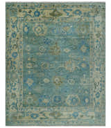 Green, Beige and Blue Hand knotted Traditional Oushak Multi Size Wool Area Rug