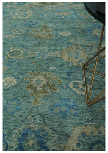 Green, Beige and Blue Hand knotted Traditional Oushak Multi Size Wool Area Rug