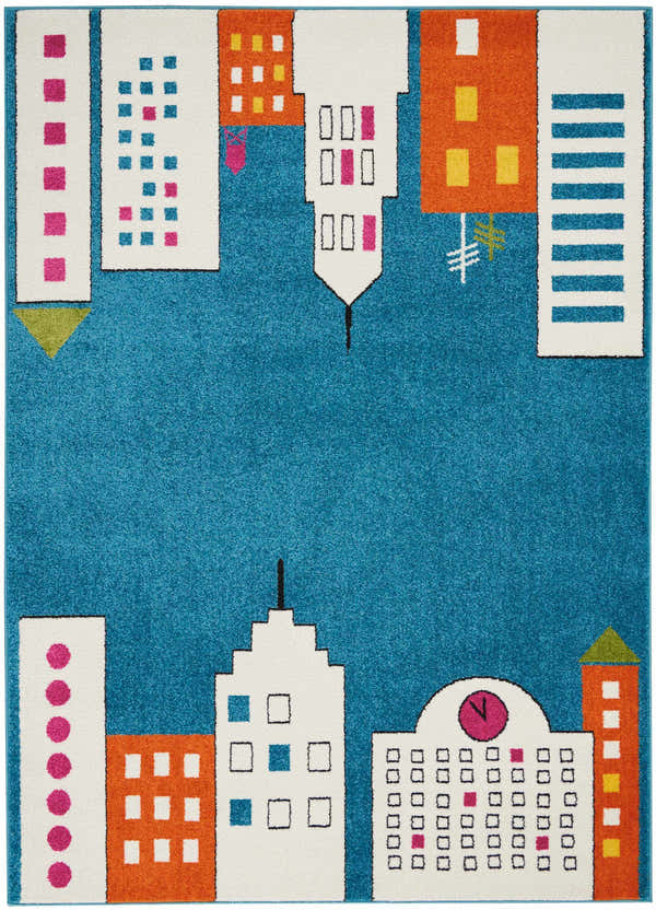 Nourison Miles Blue Kids Rug with a whimsical city design. Features colorful buildings on a light blue background.