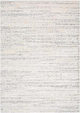 Close-up of the Sezja Beige Luxe Area Rug featuring a contemporary cream, beige, and black horizontal line pattern. Design-Rectangle-5373