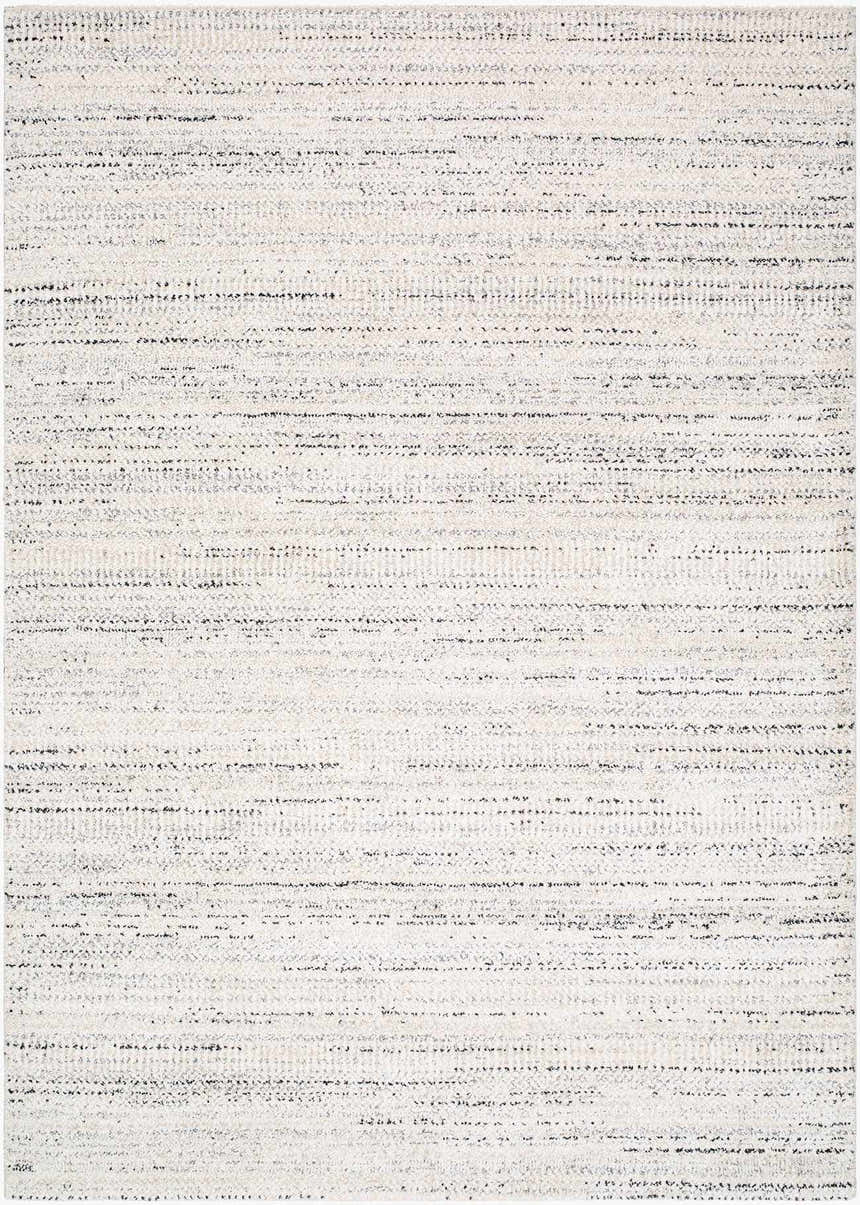 Close-up of the Sezja Beige Luxe Area Rug featuring a contemporary cream, beige, and black horizontal line pattern. Design-Rectangle-5373