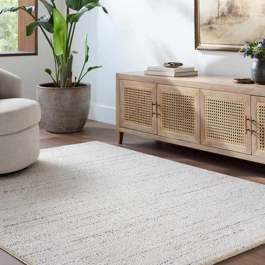 Living room with a beige Sezja Luxe Area Rug, light wood cabinet, tan chair, and potted plant. Roomscene-Rectangle