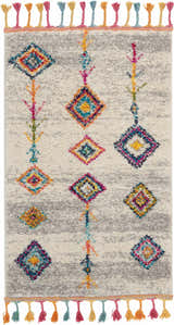 Close-up of Nourison Nomad Cream Grey Tribal Rug with colorful diamond pattern and playful tassels.