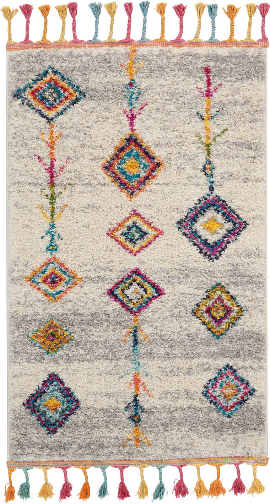 Close-up of Nourison Nomad Cream Grey Tribal Rug with colorful diamond pattern and playful tassels.