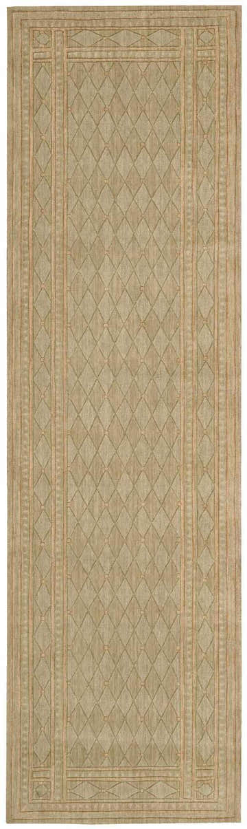 Cosmopolitan Pistachio Persian runner rug with olive and tan diamond pattern and detailed border.